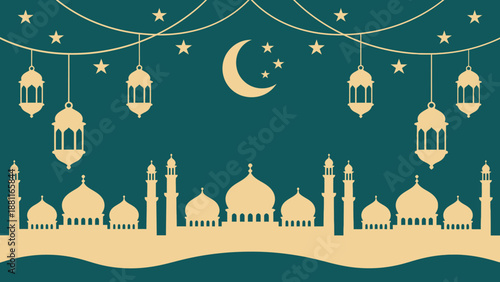 Ramadhan Celebration Illustration with Mosque Silhouette and Lanterns at Night