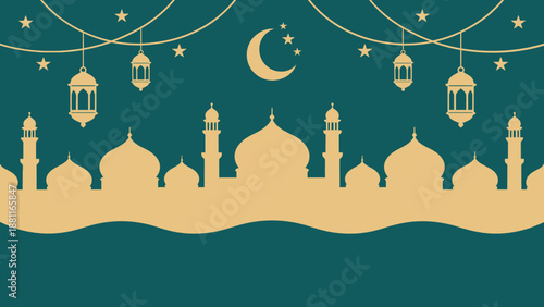 Ramadhan Night Skyline with Mosque Silhouette and Crescent Moon Graphic Illustration