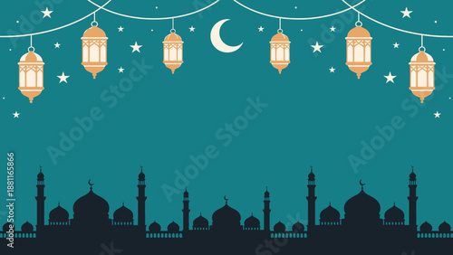 Ramadhan Celebration with Lanterns and Mosque Silhouette at Night