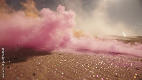 Low angle shot of pink smoke and glitter with a desert landscape and cloudy sky in background
