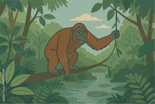 Wildlife illustration of an orangutan walking through dense rainforest representing conservation and tropical nature