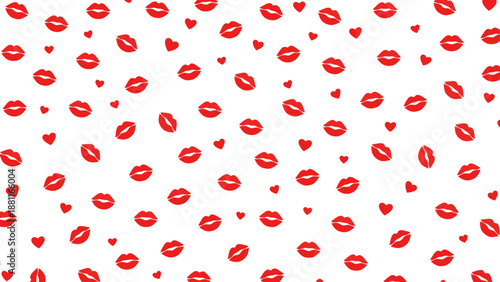 Red lipstick kiss marks and hearts pattern.