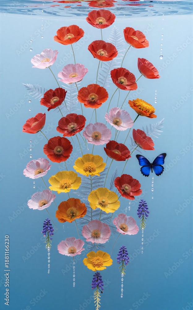 Fototapeta premium Colorful flowers and a blue butterfly float gracefully against a serene, gradient sky.