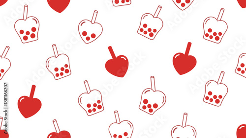 A pattern of red and white heart shaped boba icons on a white background.