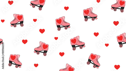 A pattern of pink roller skates and hearts.