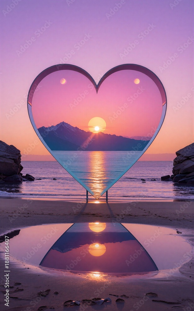 Obraz premium Heart-shaped frame over purple sunset, mountains, and reflective water below.