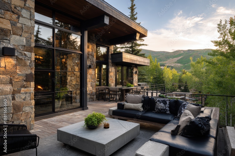 Obraz premium Modern stone house with outdoor seating in a wooded area near hills during sunset, showcasing natural surroundings and architectural design