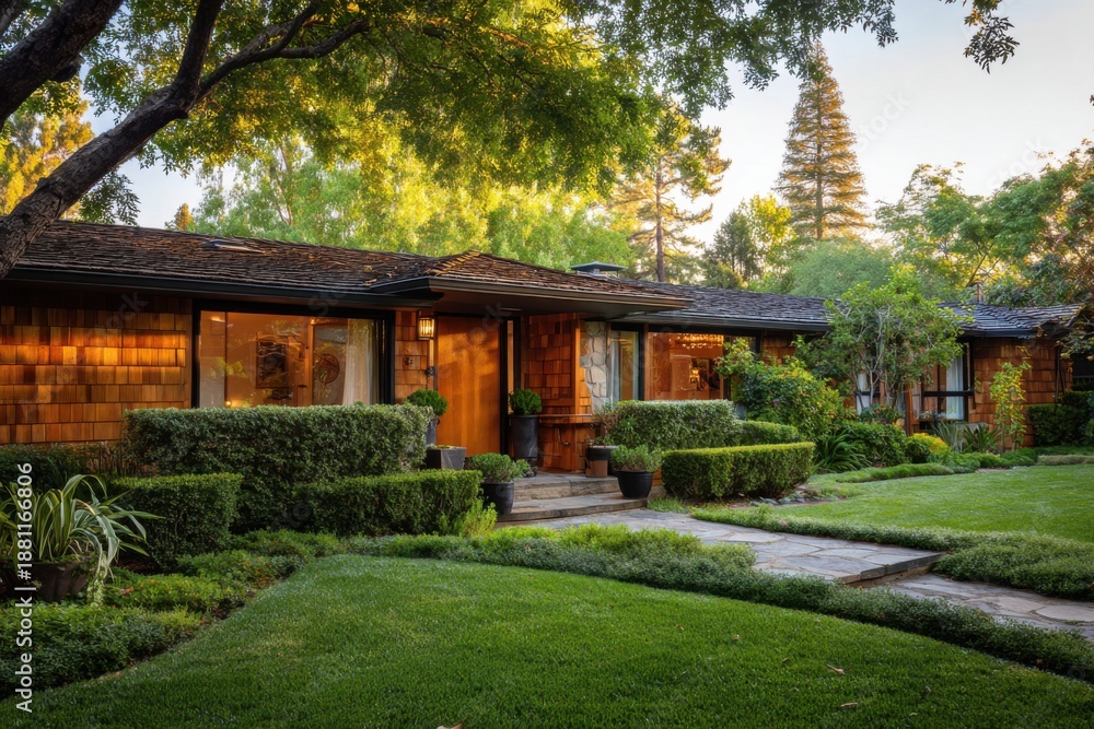 Obraz premium A charming wooden house nestled in a serene residential neighborhood, surrounded by a vibrant garden, basks in the warm glow of late afternoon sunlight that delicately filters.