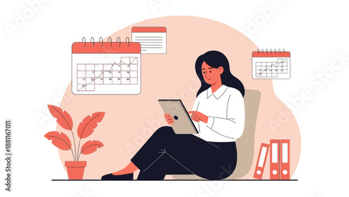 Woman planning schedule on tablet with calendars and plant