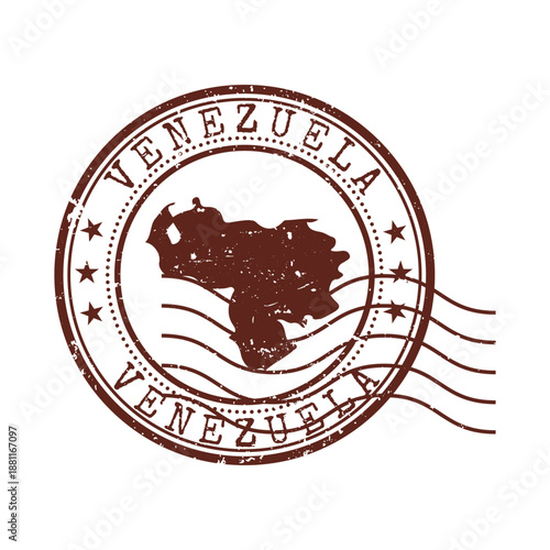 brown weathered circular heritage stamp showing venezuela map with wavy lines for antique postal collections