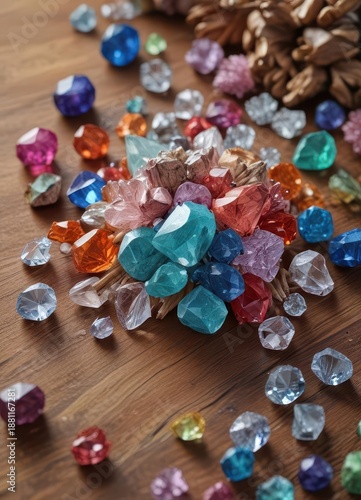 Colorful gemstones on wooden beads surround a crystal cluster, nature, wellness, accessories