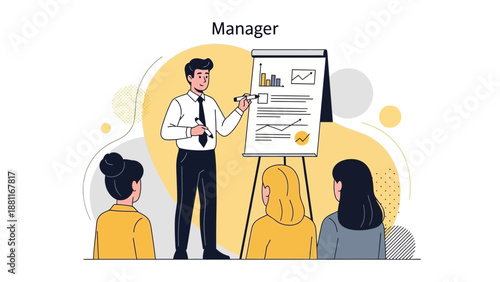 Manager Presents Business Plan to Team on Flip Chart with Graphs