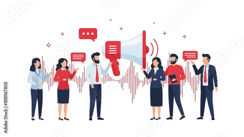 Team announcement, megaphone and speech bubbles, communication concept, business people