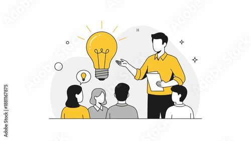 Team brainstorming session with a bright idea lightbulb illustration