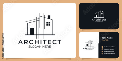 Architect Logo Design Template with House Blueprint Sketch and Professional Business Card Mockup