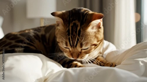 Wallpaper Mural Luxurious Bengal cat grooming and washing its paws on a soft, white bed in natural sunlight Torontodigital.ca