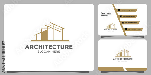 Modern Architecture Logo with Gold House Blueprint Sketch Lines and Corporate Business Card Design Mockup