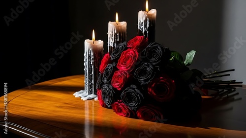 A bouquet of red and black roses with candles on a wooden table in a dimly lit room