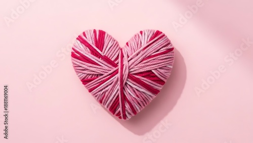 A heart-shaped object with pink and white stripes is centered on a soft pink background, viewed from directly above.