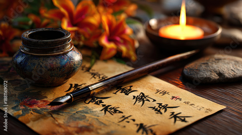 Wallpaper Mural Beautiful display of heritage with Chinese script on light parchment, surrounded by vibrant flowers and flickering candle, evokes tranquility Torontodigital.ca