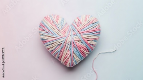 A multicolored heart shaped object made of threads on a pastel background