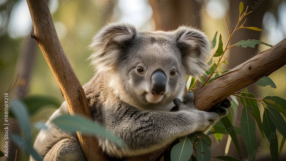 Fototapeta premium A koala rests comfortably on a eucalyptus branch, surrounded by soft green foliage.