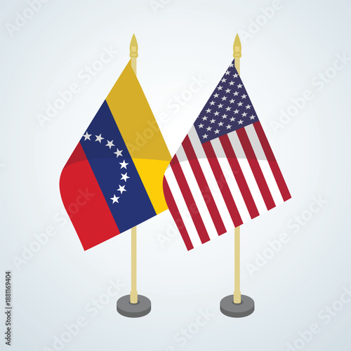 Venezuela and United States table flags standing together for international diplomatic relations and official partnership