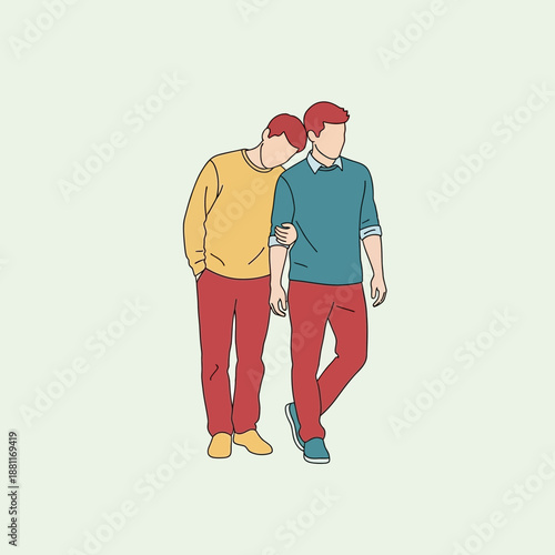 Gay couple walking together, one leaning on the other's shoulder