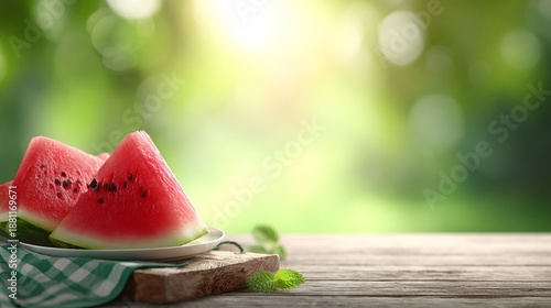 Fresh watermelon slices on a wooden table with green bokeh background in sunny outdoor setting