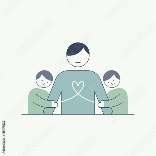 Father figure with children hugging, heart connection concept illustration