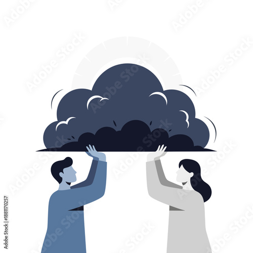 People holding a dark cloud with a sun behind it, symbolizing hope or overcoming challenges.