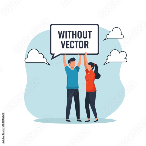 People holding speech bubble with text