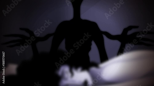 dark entity lurking over a sleeping woman in her bedroom