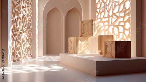 Main Subject Room with Geometric Blocks in Warm Light