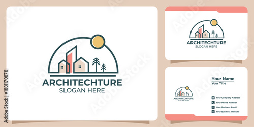 Architecture Logo Template with Modern House Skyline Pine Trees and Sun in Semi Circle Frame
