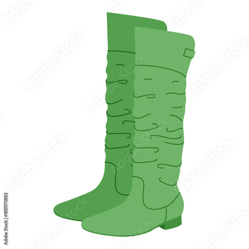 Green wrapped slouchy knee-high boot women flat pair. Ruched texture with buckle detail for festival bohemian. Technical fashion illustration CAD mockup refined vector men unisex isolated modern style
