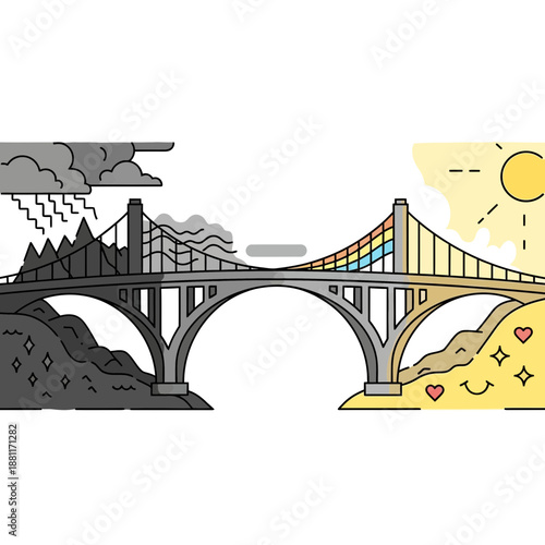 Bridge concept: contrast between bad weather and good weather, challenges and happiness