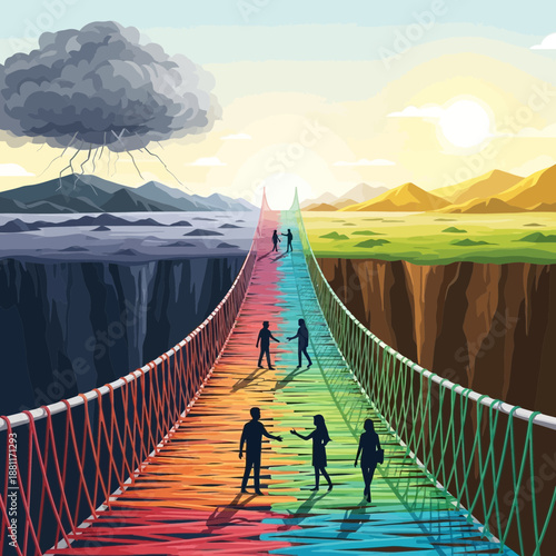 Bridge connecting stormy dark landscape to sunny bright landscape with people walking