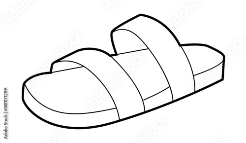 Slide sandal shoe women single line. Double strap flat sandal for poolside vacation relaxed look. Technical fashion illustration CAD mockup clean vector man unisex isolated modern style.