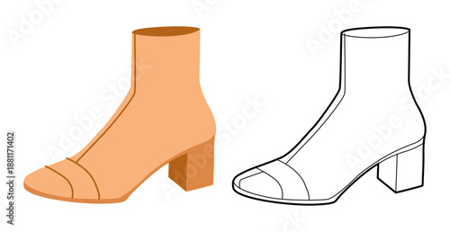 Orange strap block heel boot women flat plus line set. Buckle detail with stacked heel for winter and gathering. Technical fashion illustration CAD mockup mixed vector men unisex isolated chic style