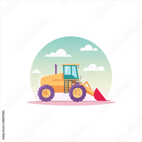 Heavy machinery illustration of a bulldozer at work on a construction site viewed from the side