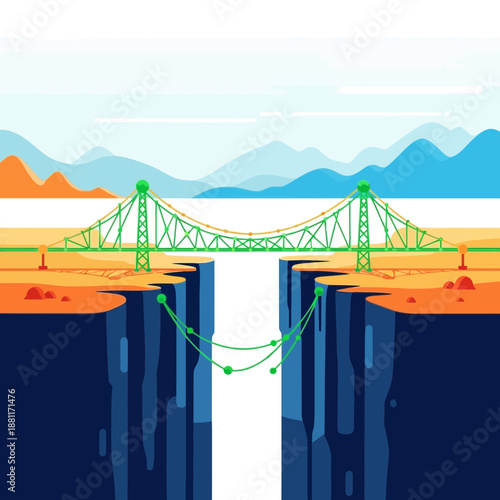 Green suspension bridge connecting two cliffs over a deep chasm, abstract landscape.
