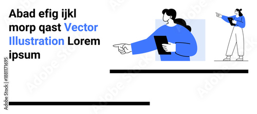 Female characters holding tablets, gesturing to convey ideas, and communicating in a modern minimalist design. Ideal for communication, teamwork, presentation, education, collaboration, design