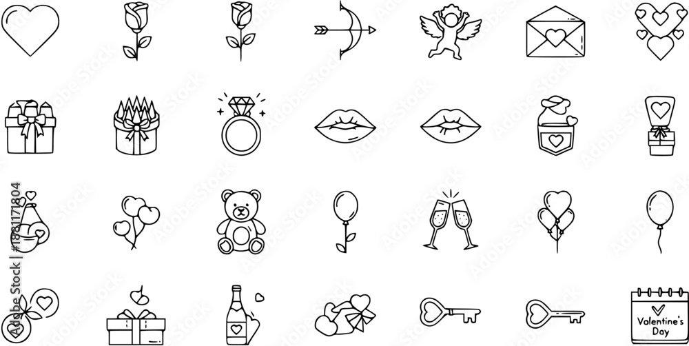 Fototapeta premium Valentine's Day Love Icons Set - Hand Drawn Line Art Doodle Collection