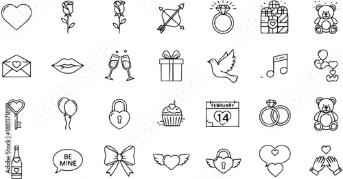 Valentine's Day Doodle Line Art Icons Set - Love  Romance Symbols Collection