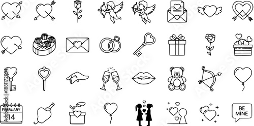 Valentine's Day Line Icons Set: Love, Romance, Dating, Cupid, and Heart Symbols