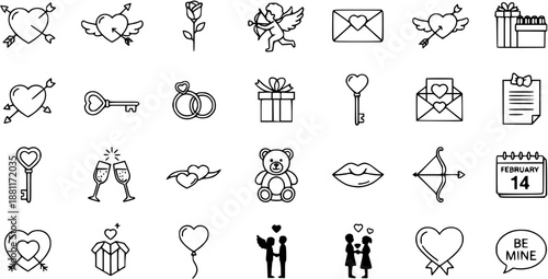 Valentine's Day  Love Icons Set: Hearts, Cupid, Gifts, Rings, Calendar, Key