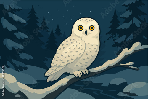Night wildlife illustration of an owl perched on a branch under moonlight symbolizing wisdom and nocturnal nature