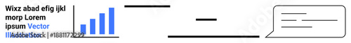 Business analysis, data interpretation, communication strategies, report generation, visualization techniques, abstract graphics. Bar chart and speech bubble. Data interpretation and business