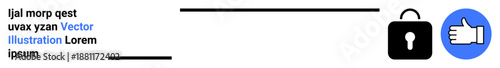 Security, privacy, approval, data protection, user consent, authentication. Black padlock and thumbs-up symbol in blue. Security and privacy concept visually communicated